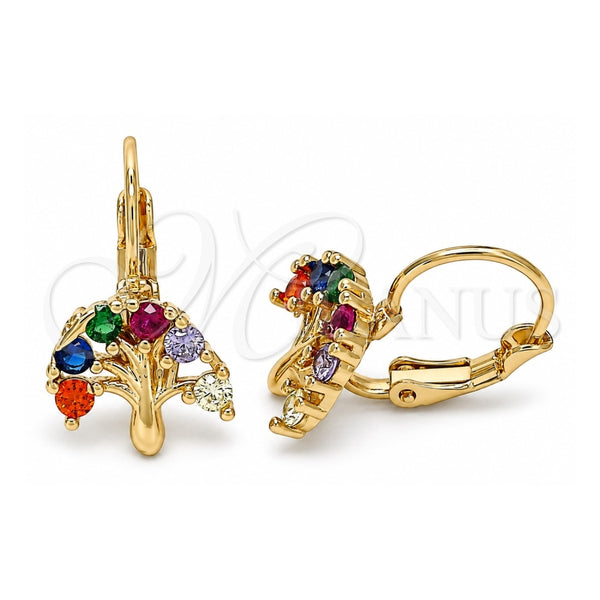 Oro Laminado Leverback Earring, Gold Filled Style Tree Design, with Multicolor Cubic Zirconia, Polished, Golden Finish, 02.210.0383.3