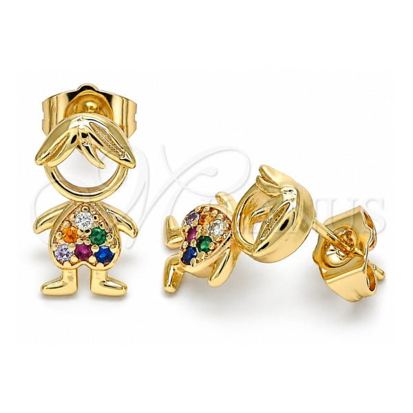 Oro Laminado Stud Earring, Gold Filled Style Little Boy Design, with Multicolor Micro Pave, Polished, Golden Finish, 02.210.0385.1