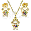 Oro Laminado Earring and Pendant Adult Set, Gold Filled Style Little Girl Design, with Multicolor Micro Pave, Polished, Golden Finish, 10.210.0151.1