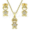 Oro Laminado Earring and Pendant Adult Set, Gold Filled Style Little Boy Design, with White Micro Pave, Polished, Golden Finish, 10.210.0152