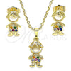 Oro Laminado Earring and Pendant Adult Set, Gold Filled Style Little Boy Design, with Multicolor Micro Pave, Polished, Golden Finish, 10.210.0152.1