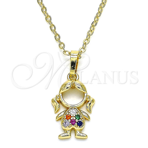 Oro Laminado Pendant Necklace, Gold Filled Style Little Girl Design, with Multicolor Micro Pave, Polished, Golden Finish, 04.210.0042.1.18 (02 MM Thickness, 18 Inches Length)
