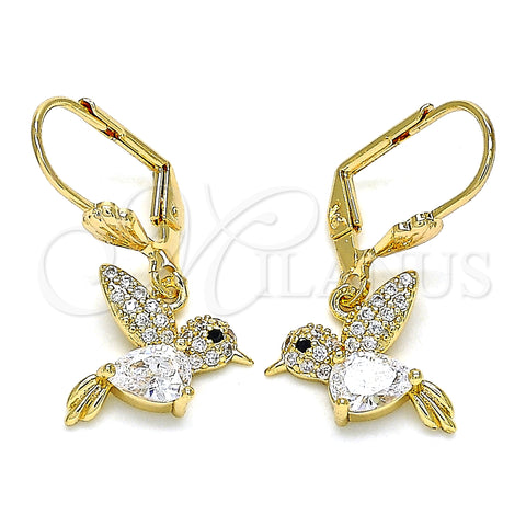 Oro Laminado Dangle Earring, Gold Filled Style Bird Design, with White Micro Pave, Polished, Golden Finish, 02.210.0386