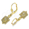 Oro Laminado Dangle Earring, Gold Filled Style Turtle Design, with White Micro Pave, Polished, Golden Finish, 02.210.0392