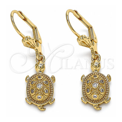 Oro Laminado Dangle Earring, Gold Filled Style Turtle Design, with White Micro Pave, Polished, Golden Finish, 02.210.0392