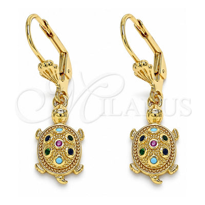 Oro Laminado Dangle Earring, Gold Filled Style Turtle Design, with Multicolor Micro Pave, Polished, Golden Finish, 02.210.0392.1