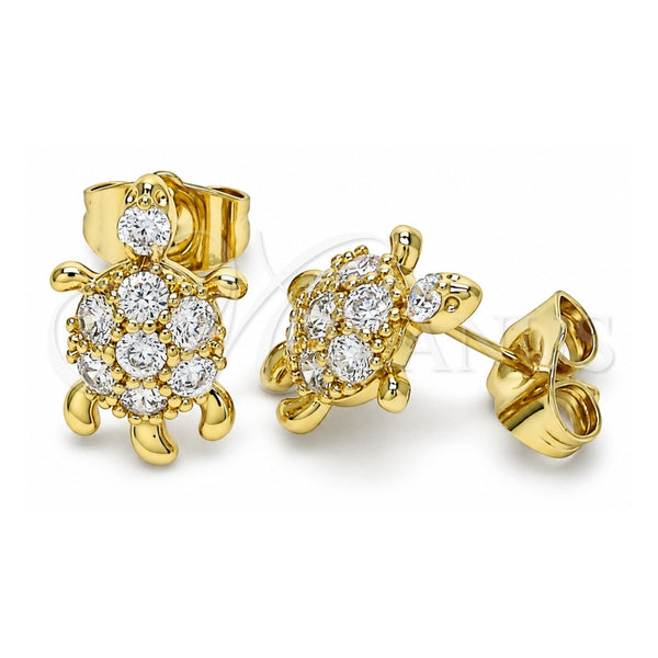 Oro Laminado Stud Earring, Gold Filled Style Turtle Design, with White Cubic Zirconia, Polished, Golden Finish, 02.345.0010.1