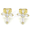 Oro Laminado Stud Earring, Gold Filled Style Cross and Baguette Design, with White Cubic Zirconia, Polished, Golden Finish, 02.345.0011.1