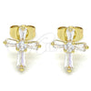 Oro Laminado Stud Earring, Gold Filled Style Cross and Baguette Design, with White Cubic Zirconia, Polished, Golden Finish, 02.345.0011.1