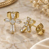 Oro Laminado Stud Earring, Gold Filled Style Cross and Baguette Design, with White Cubic Zirconia, Polished, Golden Finish, 02.345.0011.1