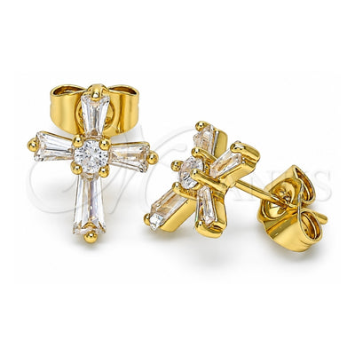 Oro Laminado Stud Earring, Gold Filled Style Cross and Baguette Design, with White Cubic Zirconia, Polished, Golden Finish, 02.345.0011.1