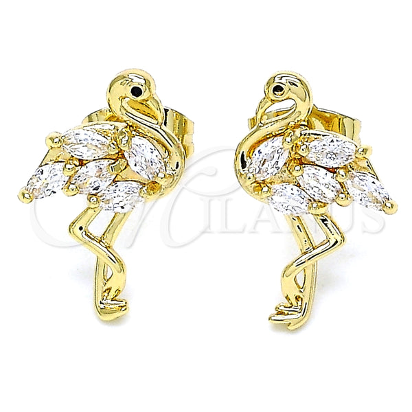 Oro Laminado Stud Earring, Gold Filled Style with White Cubic Zirconia and Black Micro Pave, Polished, Golden Finish, 02.345.0020.1