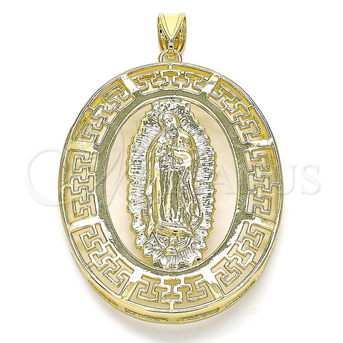 Oro Laminado Religious Pendant, Gold Filled Style Guadalupe and Evil Eye Design, Polished, Golden Finish, 05.253.0097
