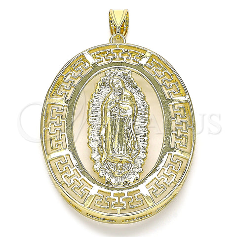 Oro Laminado Religious Pendant, Gold Filled Style Guadalupe and Evil Eye Design, Polished, Golden Finish, 05.253.0097