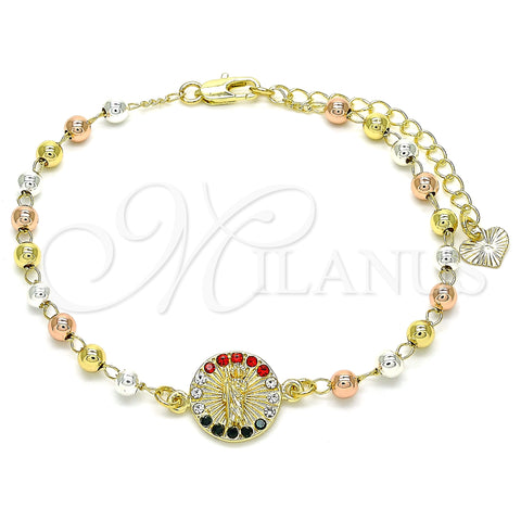 Oro Laminado Fancy Bracelet, Gold Filled Style San Judas Design, with Multicolor Crystal, Polished, Tricolor, 03.253.0055.1.07 (04 MM Thickness, 7 Inches Length)