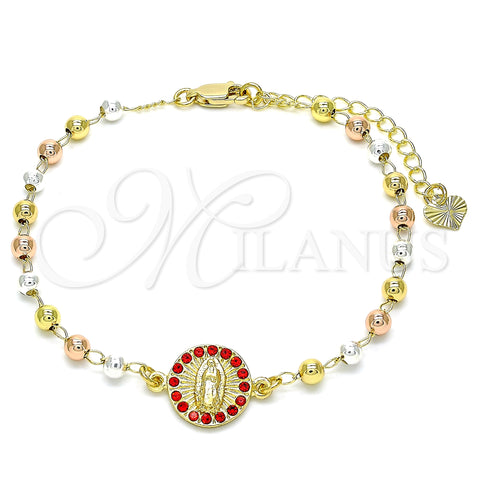 Oro Laminado Fancy Bracelet, Gold Filled Style Guadalupe Design, with Garnet Crystal, Polished, Tricolor, 03.253.0056.1.07 (04 MM Thickness, 7 Inches Length)