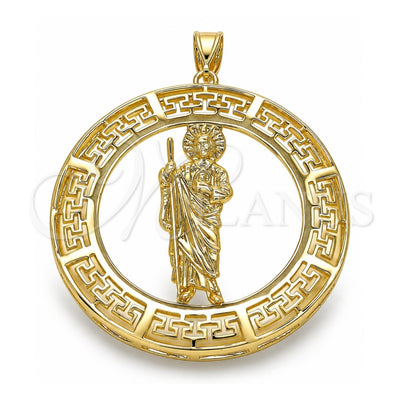 Oro Laminado Religious Pendant, Gold Filled Style San Judas and Evil Eye Design, Polished, Golden Finish, 05.253.0099