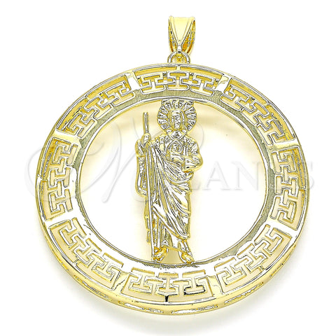 Oro Laminado Religious Pendant, Gold Filled Style San Judas and Evil Eye Design, Polished, Golden Finish, 05.253.0099