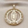 Oro Laminado Religious Pendant, Gold Filled Style Guadalupe and Evil Eye Design, Polished, Golden Finish, 05.253.0100
