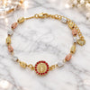 Oro Laminado Fancy Bracelet, Gold Filled Style Guadalupe Design, with Garnet Crystal, Diamond Cutting Finish, Tricolor, 03.253.0059.1.07 (04 MM Thickness, 7 Inches Length)