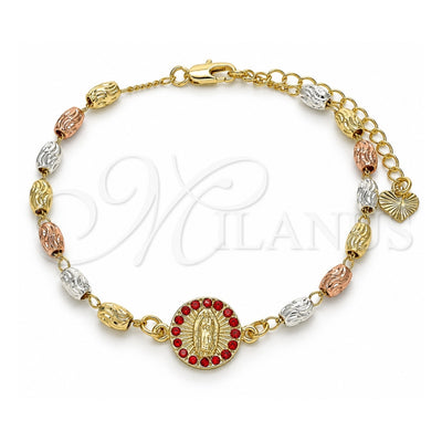 Oro Laminado Fancy Bracelet, Gold Filled Style Guadalupe Design, with Garnet Crystal, Diamond Cutting Finish, Tricolor, 03.253.0059.1.07 (04 MM Thickness, 7 Inches Length)