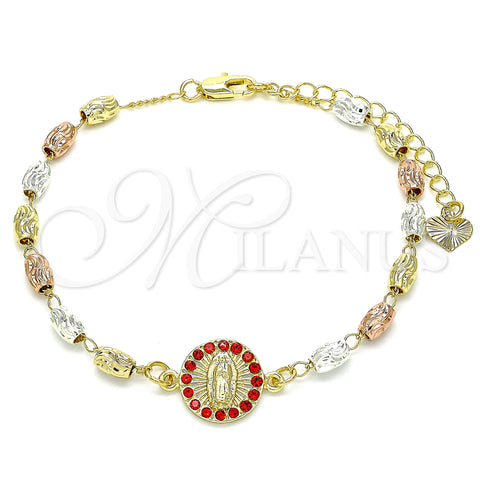 Oro Laminado Fancy Bracelet, Gold Filled Style Guadalupe Design, with Garnet Crystal, Diamond Cutting Finish, Tricolor, 03.253.0059.1.07 (04 MM Thickness, 7 Inches Length)