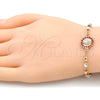 Oro Laminado Fancy Bracelet, Gold Filled Style Guadalupe Design, with Garnet Crystal, Polished, Tricolor, 03.253.0062.1.07 (04 MM Thickness, 7 Inches Length)