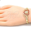 Oro Laminado Fancy Bracelet, Gold Filled Style Heart and Guadalupe Design, with Garnet Crystal, Polished, Golden Finish, 03.253.0063.2.07 (06 MM Thickness, 7 Inches Length)