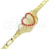 Oro Laminado Fancy Bracelet, Gold Filled Style Heart and Guadalupe Design, with Garnet Crystal, Polished, Golden Finish, 03.253.0063.2.07 (06 MM Thickness, 7 Inches Length)