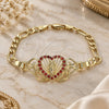 Oro Laminado Fancy Bracelet, Gold Filled Style Heart and Guadalupe Design, with Garnet Crystal, Polished, Golden Finish, 03.253.0063.2.07 (06 MM Thickness, 7 Inches Length)
