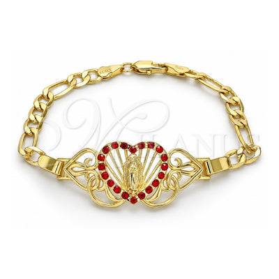 Oro Laminado Fancy Bracelet, Gold Filled Style Heart and Guadalupe Design, with Garnet Crystal, Polished, Golden Finish, 03.253.0063.2.07 (06 MM Thickness, 7 Inches Length)