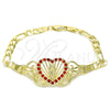 Oro Laminado Fancy Bracelet, Gold Filled Style Heart and Guadalupe Design, with Garnet Crystal, Polished, Golden Finish, 03.253.0063.2.07 (06 MM Thickness, 7 Inches Length)