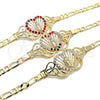Oro Laminado Fancy Bracelet, Gold Filled Style Heart and Guadalupe Design, with Garnet Crystal, Polished, Golden Finish, 03.253.0063.2.07 (06 MM Thickness, 7 Inches Length)