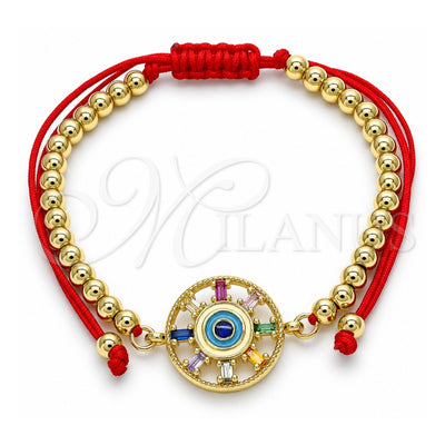 Oro Laminado Adjustable Bolo Bracelet, Gold Filled Style Ball and Evil Eye Design, with Multicolor Cubic Zirconia, Multicolor Enamel Finish, Golden Finish, 03.341.0090.11 (04 MM Thickness, 11 Inches Length)