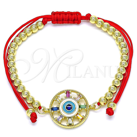 Oro Laminado Adjustable Bolo Bracelet, Gold Filled Style Ball and Evil Eye Design, with Multicolor Cubic Zirconia, Multicolor Enamel Finish, Golden Finish, 03.341.0090.11 (04 MM Thickness, 11 Inches Length)