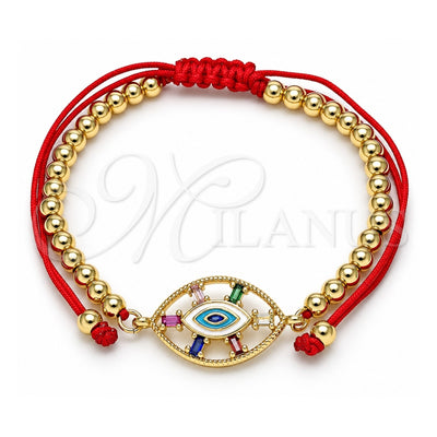 Oro Laminado Adjustable Bolo Bracelet, Gold Filled Style Ball and Evil Eye Design, with Multicolor Cubic Zirconia, Multicolor Enamel Finish, Golden Finish, 03.341.0091.11 (04 MM Thickness, 11 Inches Length)