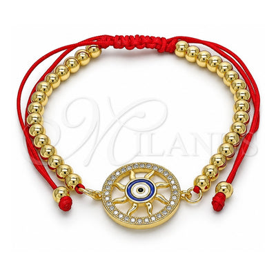 Oro Laminado Adjustable Bolo Bracelet, Gold Filled Style Evil Eye and Ball Design, with White Micro Pave, Multicolor Enamel Finish, Golden Finish, 03.341.0092.11 (04 MM Thickness, 11 Inches Length)