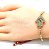 Oro Laminado Adjustable Bolo Bracelet, Gold Filled Style Hand of God and Evil Eye Design, with White Micro Pave, Blue Enamel Finish, Golden Finish, 03.341.0094.11 (04 MM Thickness, 11 Inches Length)