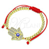 Oro Laminado Adjustable Bolo Bracelet, Gold Filled Style Hand of God and Evil Eye Design, with White Micro Pave, Blue Enamel Finish, Golden Finish, 03.341.0094.11 (04 MM Thickness, 11 Inches Length)