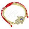 Oro Laminado Adjustable Bolo Bracelet, Gold Filled Style Hand of God and Evil Eye Design, with White Micro Pave, Blue Enamel Finish, Golden Finish, 03.341.0094.11 (04 MM Thickness, 11 Inches Length)