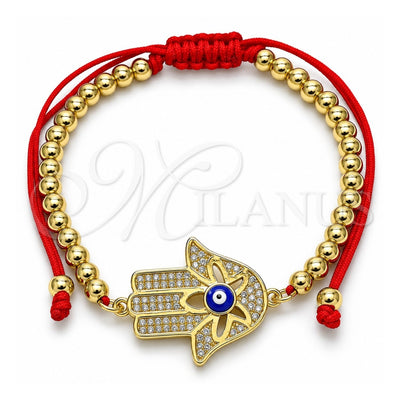 Oro Laminado Adjustable Bolo Bracelet, Gold Filled Style Hand of God and Evil Eye Design, with White Micro Pave, Blue Enamel Finish, Golden Finish, 03.341.0094.11 (04 MM Thickness, 11 Inches Length)