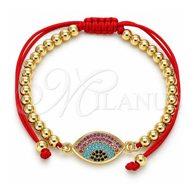 Oro Laminado Adjustable Bolo Bracelet, Gold Filled Style Ball and Evil Eye Design, with Multicolor Micro Pave, Polished, Golden Finish, 03.341.0095.11 (04 MM Thickness, 11 Inches Length)