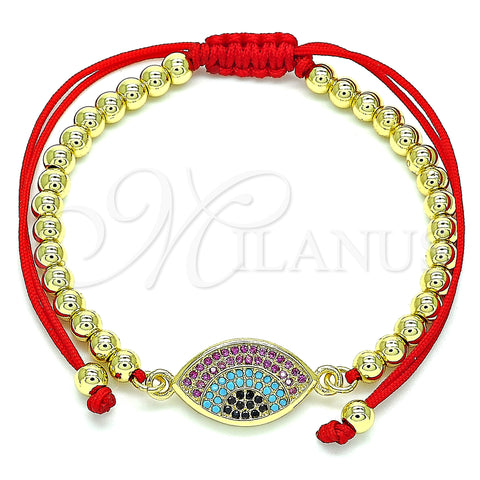 Oro Laminado Adjustable Bolo Bracelet, Gold Filled Style Ball and Evil Eye Design, with Multicolor Micro Pave, Polished, Golden Finish, 03.341.0095.11 (04 MM Thickness, 11 Inches Length)