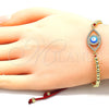 Oro Laminado Adjustable Bolo Bracelet, Gold Filled Style Evil Eye and Ball Design, with White Micro Pave, Turquoise Enamel Finish, Golden Finish, 03.341.0096.11 (04 MM Thickness, 11 Inches Length)