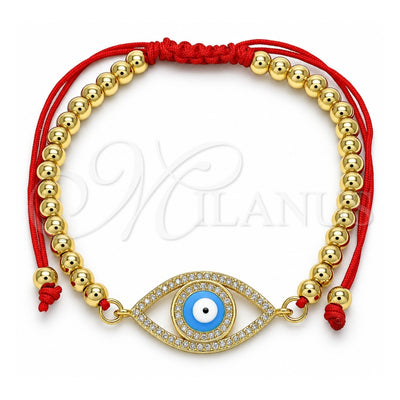 Oro Laminado Adjustable Bolo Bracelet, Gold Filled Style Evil Eye and Ball Design, with White Micro Pave, Turquoise Enamel Finish, Golden Finish, 03.341.0096.11 (04 MM Thickness, 11 Inches Length)