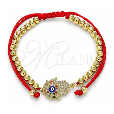 Oro Laminado Adjustable Bolo Bracelet, Gold Filled Style Hand of God and Ball Design, with Multicolor Micro Pave, Blue Enamel Finish, Golden Finish, 03.341.0098.11 (04 MM Thickness, 11 Inches Length)