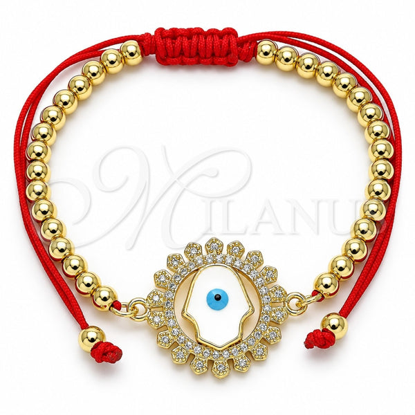 Oro Laminado Adjustable Bolo Bracelet, Gold Filled Style Hand of God and Ball Design, with White Micro Pave, Multicolor Enamel Finish, Golden Finish, 03.341.0100.11 (04 MM Thickness, 11 Inches Length)