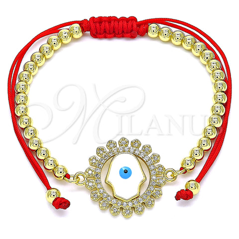 Oro Laminado Adjustable Bolo Bracelet, Gold Filled Style Hand of God and Ball Design, with White Micro Pave, Multicolor Enamel Finish, Golden Finish, 03.341.0100.11 (04 MM Thickness, 11 Inches Length)