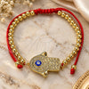 Oro Laminado Adjustable Bolo Bracelet, Gold Filled Style Judaica and Hand of God Design, with White Micro Pave, Blue Enamel Finish, Golden Finish, 03.341.0101.11 (04 MM Thickness, 11 Inches Length)