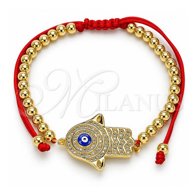 Oro Laminado Adjustable Bolo Bracelet, Gold Filled Style Judaica and Hand of God Design, with White Micro Pave, Blue Enamel Finish, Golden Finish, 03.341.0101.11 (04 MM Thickness, 11 Inches Length)